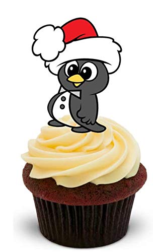 NIEDLICHER GRAUER PINGUIN MIT WEIHNACHTSMANN-HUT - 12 essbare hochwertige stehende Waffeln Kuchen Toppers - CUTE GREY PENGUIN with SANTA HAT von JPS