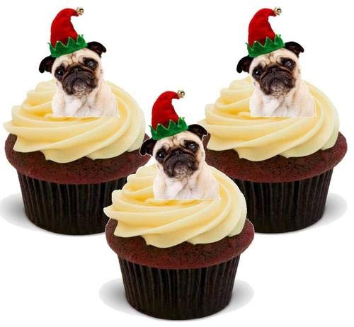 Niedlicher Weihnachten Mops Hund mit einem Weihnachstsmann-hut - 12 essbare hochwertige stehende Waffeln Kuchen Toppers - Cute christmas Pug dog Santa Hat von JPS