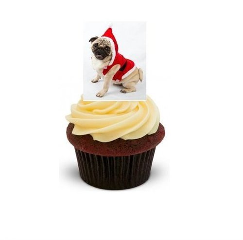 Niedlicher Weihnachten Mops Welpe - 12 essbare hochwertige stehende Waffeln Kuchen Toppers - Cute christmas Pug dog von JPS