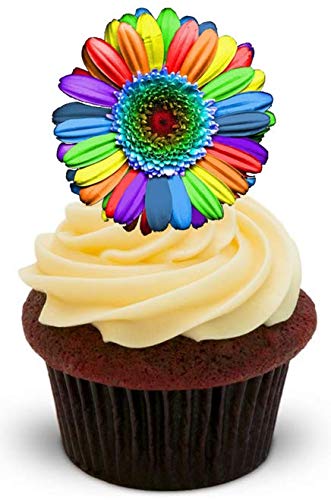 REGENBOGENFARBIGE BLUME - 12 essbare hochwertige stehende Waffeln Kuchen Toppers - RAINBOW FLOWER von JPS