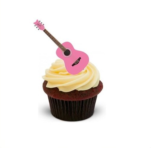 ROSAFARBENE AKUSTIK GITARRE - 12 essbare hochwertige stehende Kuchen Toppers - PINK ACOUSTIC GUITAR von JPS