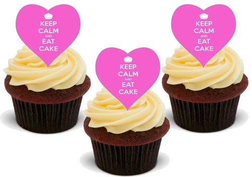 RUHE BEWAHREN UND KUCHEN ESSEN ROSAFARBENES HERZ - 12 essbare hochwertige stehende Waffeln Kuchen Toppers - KEEP CALM & EAT CAKE Pink Heart von JPS