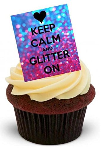 RUHE BEWAHREN UND LASS ES GLITZERN - 12 essbare hochwertige stehende Waffeln Kuchen Toppers - KEEP CALM GLITTER ON von JPS