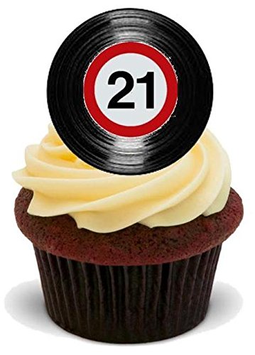 SCHALLPLATTE 21. GEBURTSTAG GESCHWINDIGKEITSSCHILD - 12 essbare hochwertige stehende Waffeln Kuchen Toppers - VINYL 21ST BIRTHDAY SPEED SIGN von JPS