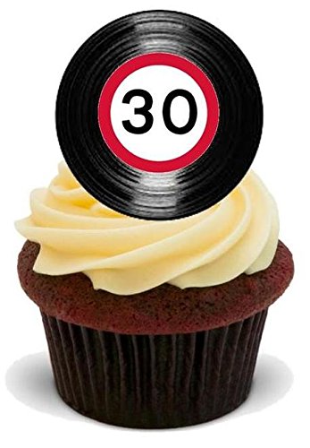 SCHALLPLATTE 30. GEBURTSTAG GESCHWINDIGKEITSSCHILD - 12 essbare hochwertige stehende Waffeln Kuchen Toppers - VINYL 30TH BIRTHDAY SPEED SIGN von JPS