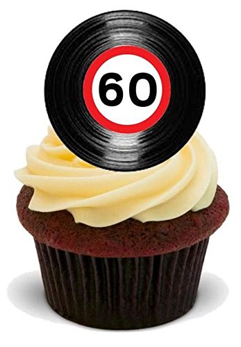 SCHALLPLATTE 60. GEBURTSTAG GESCHWINDIGKEITSSCHILD - 12 essbare hochwertige stehende Waffeln Kuchen Toppers - VINYL 60TH BIRTHDAY SPEED SIGN von JPS