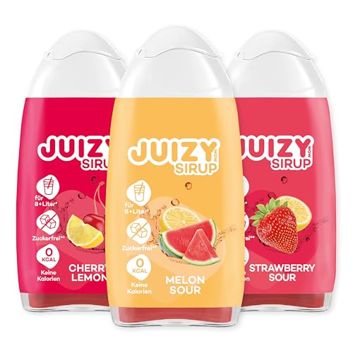 JUIZY WOW Sirup Zuckerfrei | 3 x 65ml Sour-Mixed - Bis 36L Natürlicher Getränkesirup | Zero Kalorien | Vegan 3er Bundle - Strawberry Sour, Melon Sour, Cherry Lemon | More Juice - Less Calories von JUIZY WOW