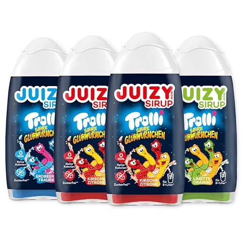 TROLLI Saure Glühwürmchen Sirup ohne Zucker | Saures Getränk Konzentrat - Limonade Getränkesirup 4 x 65ml Cherry Mixed | Sirup für Wasser (Sodastream kompatibel) von JUIZY WOW