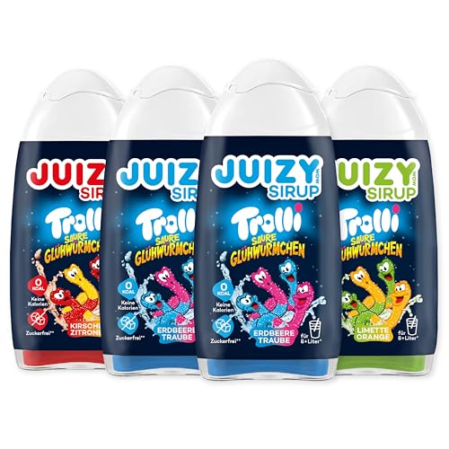 TROLLI Saure Glühwürmchen Sirup ohne Zucker | Saures Getränk Konzentrat - Limonade Getränkesirup 4 x 65ml Strawberry Mixed | Sirup für Wasser (Sodastream kompatibel) von JUIZY WOW