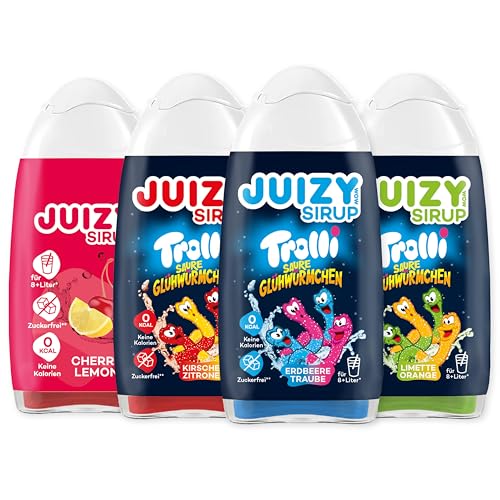 TROLLI Saure Glühwürmchen Süßigkeiten Getränkesirup ohne Zucker | Trolli Saure Glühwürmchen Konzentrat | 4 x 65ml Sirup für Wasser (Sodastream kompatibel) - Mixed Trolli & Cherry Lemon von JUIZY WOW