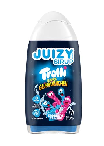 TROLLI Saure Glühwürmchen Süßigkeiten Sirup ohne Zucker | Trolli Saure Glühwürmchen Getränkekonzentrat 1 x 65ml Erdbeere Traube | Sirup für Wasser (Sodastream kompatibel) von JUIZY WOW