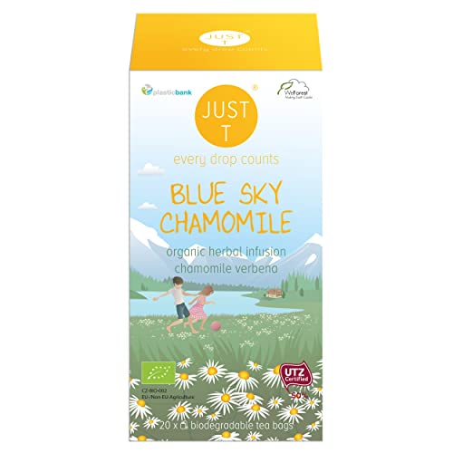 JUST T Blue Sky Chamomile Doppelkammerbeutel (20 pcs) | Bio Kräutertee – Angereichert mit Kamille und Eisenkraut | Biologisch Abbaubarer Teebeutel – Biologisch Hochland Blatt Tee für alle Teeliebhaber von JUST T