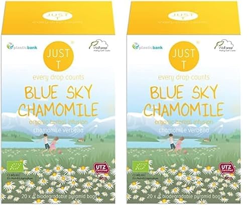 JUST T Blue Sky Chamomile Pyramiden Teebeutel (20 pcs) | Bio Kräutertee – Angereichert mit Kamille und Eisenkraut | Biologisch abbaubare Bio Teebeutel – Hochland Blatt Tee für alle Teeliebhaber von JUST T