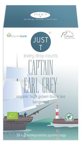 JUST T Captain Earl Grey Pyramiden Teebeutel (20 pcs) | Bio Schwarzer Tee – Gemischt mit Bergamotte | Biologisch abbaubare Bio Teebeutel – Hochland Blatt Tee für alle Teeliebhaber 436191 von JUST T