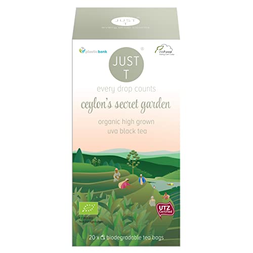 JUST T Ceylon´s Secret Garden Doppelkammerbeutel (20 pcs) | Bio Schwarzer Tee – Angebaut im Uva-Hochland | Biologisch Abbaubarer Teebeutel – Biologisch Hochland Blatt Tee für alle Teeliebhaber von JUST T