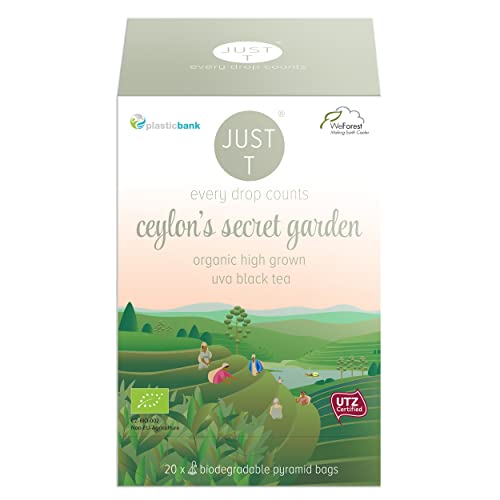 JUST T Ceylon´s Secret Garden Pyramiden Teebeutel (20 pcs) | Bio Schwarzer Tee – Angebaut im Uva-Hochland | Biologisch abbaubare Bio Teebeutel – Hochland Blatt Tee für alle Teeliebhaber von JUST T