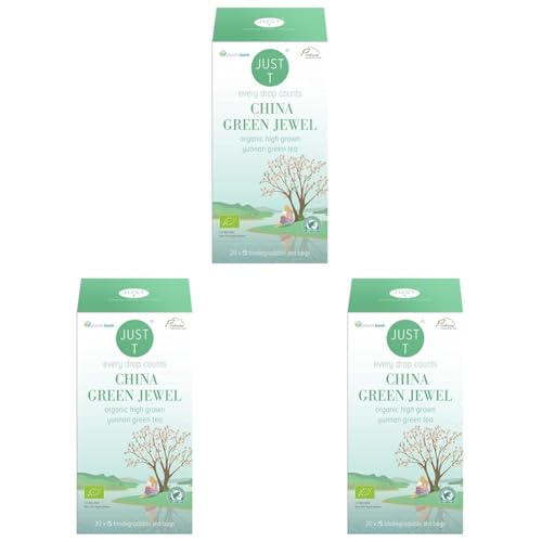 JUST T China Green Jewel Doppelkammerbeutel (20 pcs) | Bio Grüner Tee – Gemischt mit Yunnan | Biologisch Abbaubarer Teebeutel – Biologisch Hochland Blatt Tee für alle Teeliebhaber (Packung mit 3) von JUST T