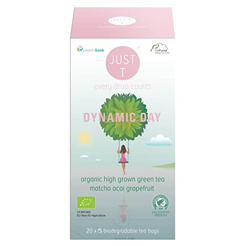 JUST T Dynamic Day Doppelkammerbeutel (20 pcs) | Bio Grüner Tee – Gemischt mit Acai und Grapefruit | Biologisch Abbaubarer Teebeutel – Biologisch Hochland Blatt Tee für alle Teeliebhaber von JUST T