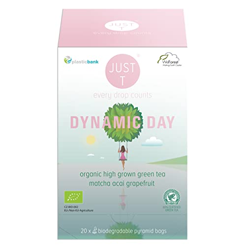 JUST T Dynamic Day Pyramiden Teebeutel (20 pcs) | Bio Grüner Tee – Gemischt mit Acai und Grapefruit | Biologisch abbaubare Bio Teebeutel – Hochland Blatt Tee für alle Teeliebhaber von JUST T