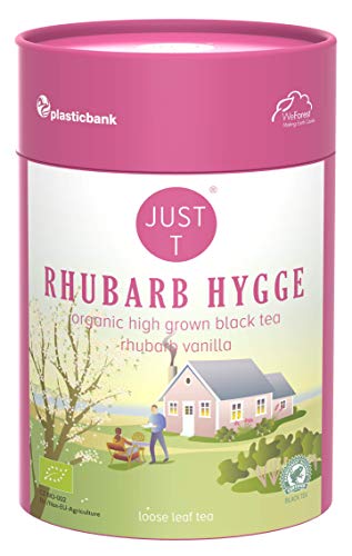 JUST T Rhubarb Hygge Loser Tee, 80g | Bio Schwarzer Tee – Gemischt mit Rhabarber und Vanille | Bio Loser Tee – Biologisch Hochland-Tee im Nachhaltigen Vorratsdose für alle Teeliebhaber von JUST T