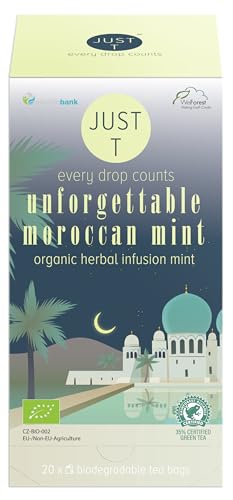 JUST T Unforgettable Moroccan Mint Doppelkammerbeutel (20 pcs) | Organic Herbal Infusion Mint | Biologisch Abbaubarer Teebeutel – Hochland Blatt Tee für alle Teeliebhaber von JUST T