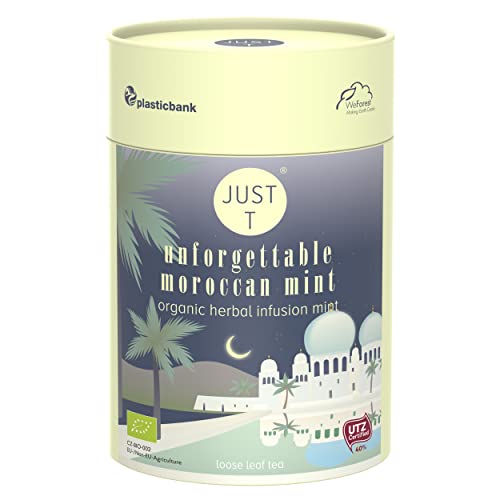 JUST T Unforgettable Moroccan Mint Loser Tee, 80g | Bio Kräutertee – Angereichert mit Marokkanischer Minze | Bio Loser Tee – Biologisch Hochland-Tee im Nachhaltigen Vorratsdose für alle Teeliebhaber von JUST T