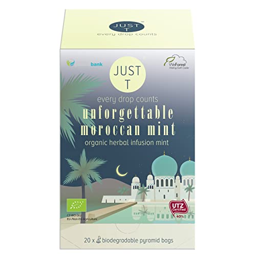 JUST T Unforgettable Moroccan Mint Pyramiden Teebeutel (20 pcs) | Bio Kräutertee – Angereichert mit Marokkanischer Minze | Biologisch abbaubare Bio Teebeutel – Hochland Blatt Tee für alle Teeliebhaber von JUST T