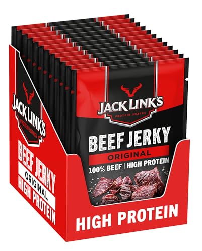 Jack Links Beef Jerky Original – 12er Pack (12 x 60g) – Trockenfleisch Eiweiß Snacks - High Protein Snack für Gym, Fitness, Outdoor - American Food für Menschen - Dörrfleisch Chips aus Rind Fleisch von Jack Link's