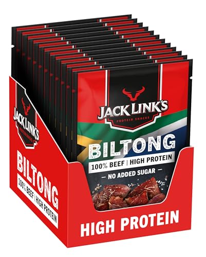 Jack Links Biltong Jerky Original – 12er Pack (12 x 40g) – Glutenfreier Fleisch Snack - High Protein Reiches Trockenfleisch für Gym, Fitness, Outdoor - Kalorienarme Protein Snacks - Rindfleisch Chips von Jack Link's