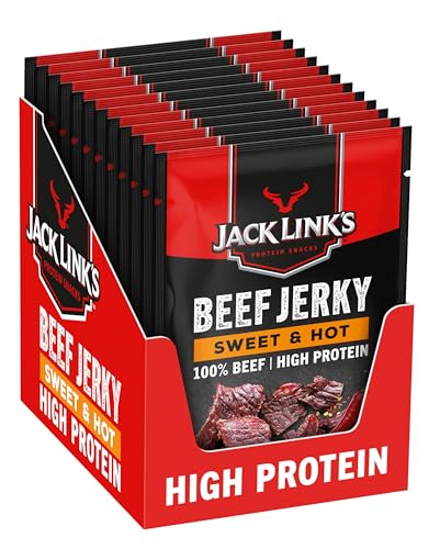 Jack Links Beef Jerky Sweet & Hot – 12er Pack (12 x 25g) – Trockenfleisch Eiweiß Snacks - High Protein Snack für Gym, Fitness, Outdoor - American Food für Menschen - Dörrfleisch Chips aus Rind Fleisch von Jack Link's