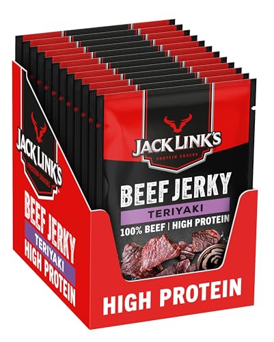 Jack Links Beef Jerky Teriyaki – 12er Pack (12 x 25g) – Trockenfleisch Eiweiß Snacks - High Protein Snack für Gym, Fitness, Outdoor - American Food für Menschen - Dörrfleisch Chips aus Rind Fleisch von Jack Link's