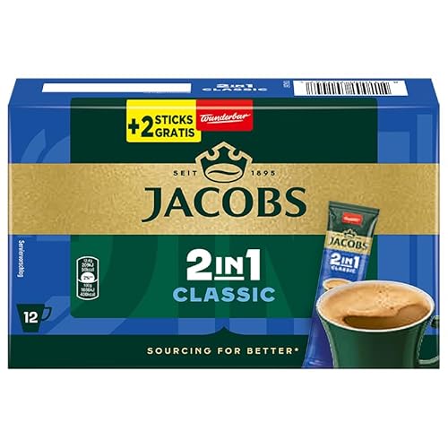 Jacobs 2in1 Classic Getränkepulver Sticks, 144 Sticks mit löslichem Bohnenkaffee mit Cremer, 12 x 10+2 Getränke von Jacobs