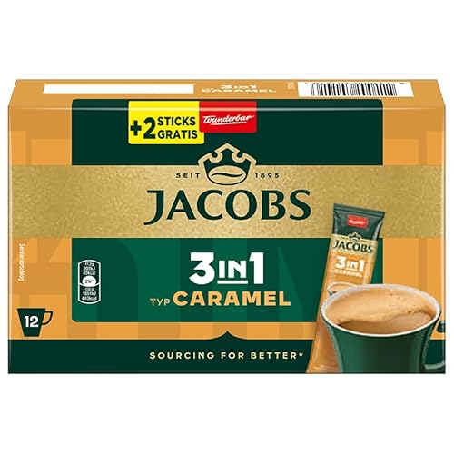 Jacobs 3in1 Caramel Getränkepulver Sticks, 144 Sticks mit löslichem Bohnenkaffee mit Cremer und Zucker, 12 x 10+2 Getränke von Jacobs