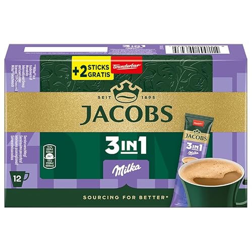 Jacobs 3in1 Milka Getränkepulver Sticks, 144 Sticks mit löslichem Bohnenkaffee mit Cremer und Zucker, 12 x 10+2 Getränke von Jacobs