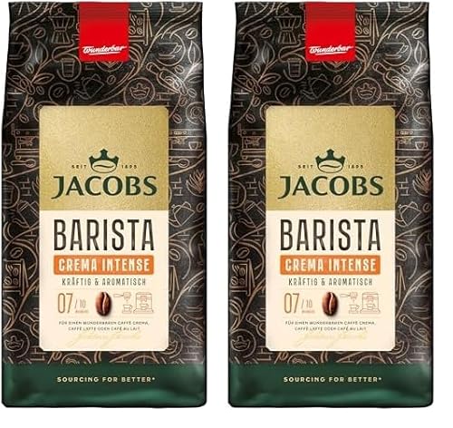 Jacobs Barista Crema Intense Kaffeebohnen 1kg – Intensiv, Dunkle Schokolade & Pekannüssen, Arabica & Robusta Bohnen, Intensität 7/10, ideal für Café Crema (Packung mit 2) von Jacobs