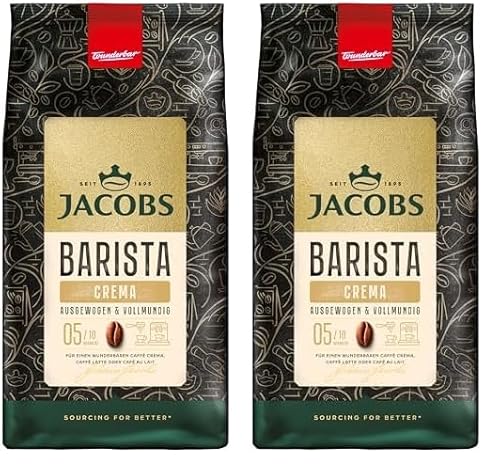 Jacobs Barista Crema Kaffeebohnen 1kg – Ausgewogen, Zitrusnote, Nussig, Arabica & Robusta Bohnen, Intensität 5/10, ideal für Kaffee Crema (Packung mit 2) von Jacobs