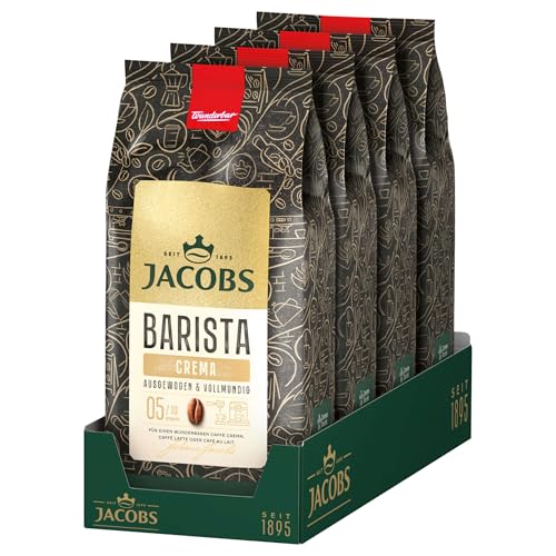 Jacobs Barista Crema Kaffeebohnen 4x 1kg – Ausgewogen, Zitrusnote, Nussig, Arabica & Robusta Bohnen, Intensität 5/10, ideal für Kaffee Crema (4er pack) von Jacobs