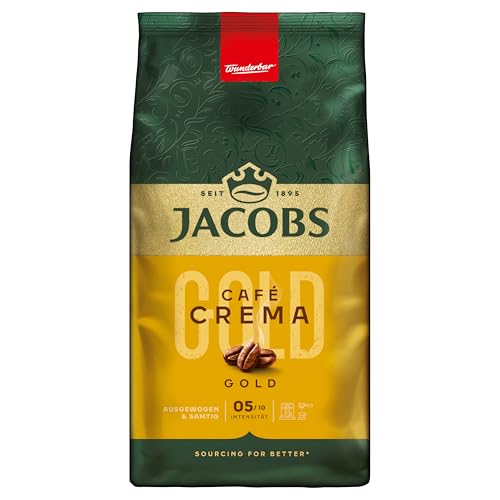 Jacobs Café Crema Gold Kaffeebohnen 1kg – Vollmundig, Aromatisch, Fruchtige Note, Arabica & Robusta Bohnen, Intensität 5/10, ideal für Café Crema von Jacobs