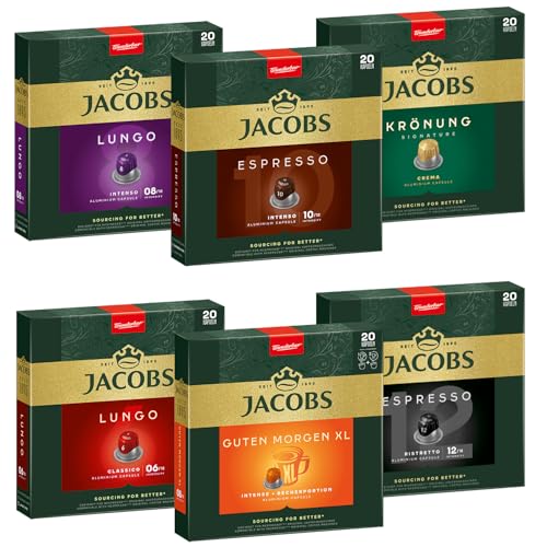 Jacobs Kapseln Vielfaltspaket - 120 Nespresso® kompatible Kaffeekapseln aus Aluminium - 6 verschiedene Sorten (6 x 20 Kapseln) von Jacobs