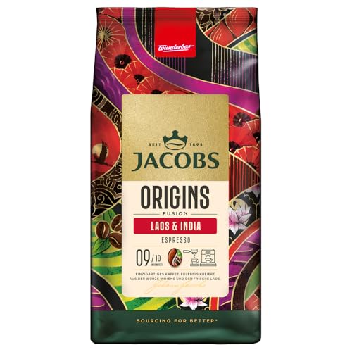 Jacobs Origins Laos & India Kaffeebohnen 1kg – Vollmundige Espresso Bohnen mit würziger Note, Arabica & Robusta Bohnen, Intensität 9/10 von Jacobs