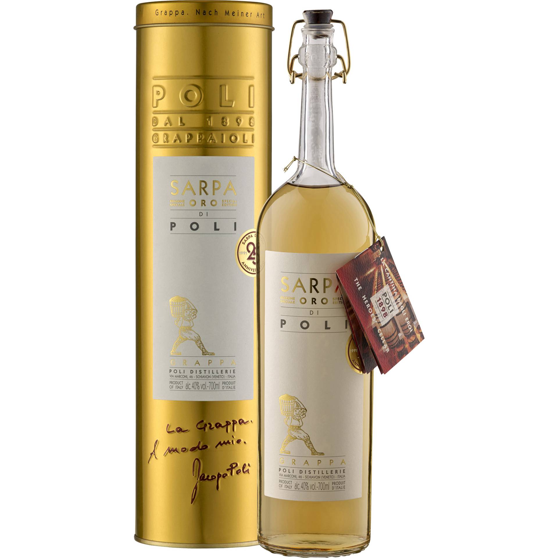 Grappa Sarpa Barrique Oro di Poli in Geschenkröhre, 0,7 L, 40% Vol., Venetien, Spirituosen von Jacopo Poli Distillerie srl, IT 36060 Schiavon (VI)