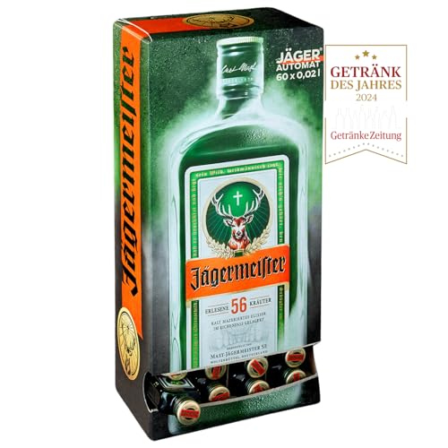 Jägermeister – 60 x 0,02 l Mini Meister Shots Premium Kräuterlikör 35% Vol. – 56 erlesene Kräuter – Kalt mazeriertes Elixier – Im Eichenfass gelagert – Das Original aus Wolfenbüttel von Jägermeister