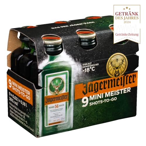 Jägermeister – 9 x 0,02 l Mini Meister Shots Premium Kräuterlikör 35% Vol. – 56 erlesene Kräuter – Kalt mazeriertes Elixier – Im Eichenfass gelagert – Das Original aus Wolfenbüttel von Jägermeister