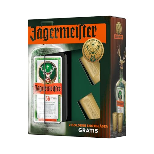 Jägermeister Geschenkset – 1 x 0,7l Premium Kräuterlikör 35% Vol. mit 2 goldenen Shotgläsern à 2cl – 56 erlesene Kräuter – Kalt mazeriertes Elixier – Im Eichenfass gelagert von Jägermeister