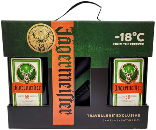 Jägermeister Geschenkset mit 2 Shot Gläsern und 2x 0,5 Liter 35% Vol. von Jägermeister