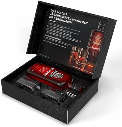 Jägermeister MANIFEST Set mit Gläsern – 1 x 0,5l Superpremium Kräuterlikör 38% Vol. und 2 x Glas 4cl hochwertig - auch für den Whiskey Liebhaber - limitiertes Geschenk von Jägermeister