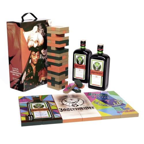 Jägermeister Set Meister Bricks - 2 x 0,7l Premium Kräuterlikör 35% Vol. und Meister Bricks Holz Stapelturm – für Spieleabend und als Partyspiel, Jägermeister Geschenkset - Geschenkidee von Jägermeister