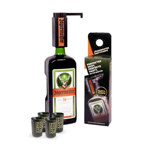 Jägermeister Geschenkset mit Partypumpe – 1,75, Premium Kräuterlikör 35 prozent Vol. inklusive 4 Shotgläser 2 cl – Manuelle Pumpe für perfekte Shots – Party-Set von Jägermeister