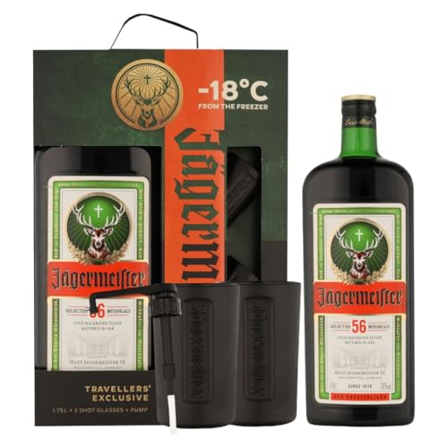 Jägermeister TRAVELLERS' EXCLUSIVE 35% Vol. 1,75l in Geschenkbox mit 2 Shotgläsern und Dosierpumpe von Jägermeister