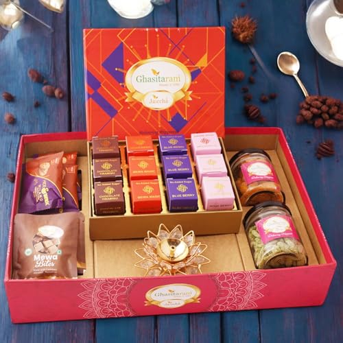 Ghasitaram Gifts Jaiccha Big Hamper Tray with Sugarfree Mewa Bites, diya,Crunchy Cashew,Flavour Raisins,Mewa bites Cookies|Gift for Diwali,Holi,Valentine,Birthday,Anniversary,Mothers Day,Fathers Day| von Jaiccha